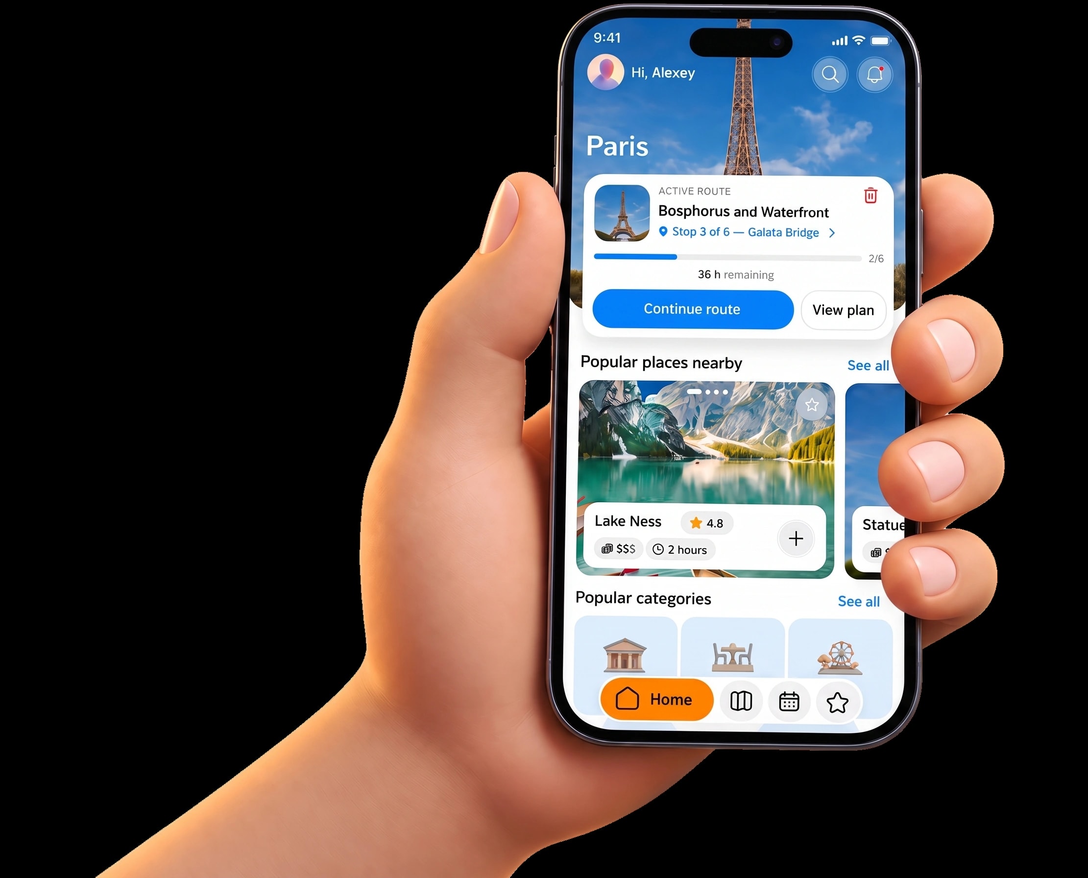 Eine Hand hält ein Handy mit RoadMe: eine aktive Route durch Paris und Orte in der Nähe