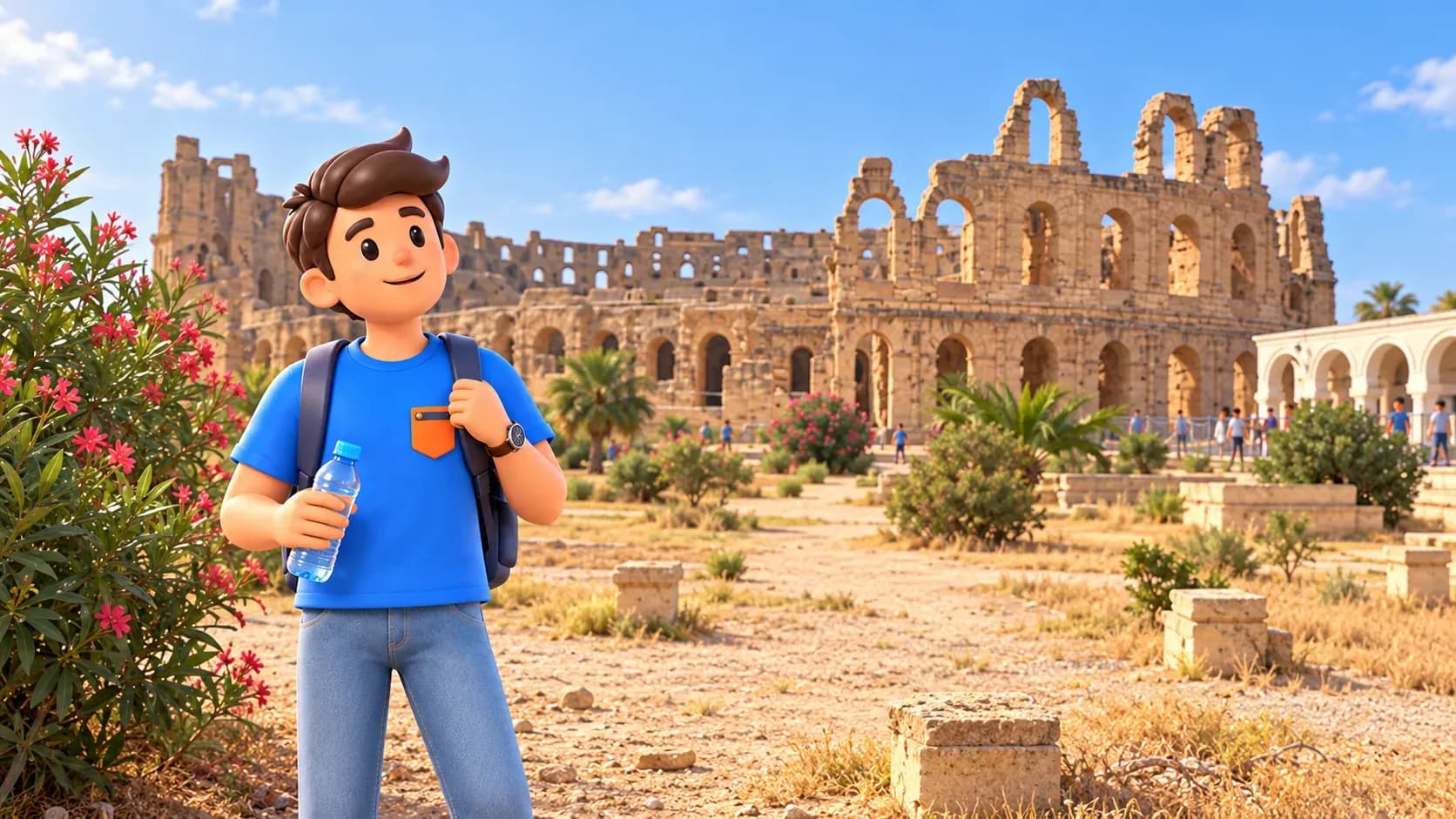 Viajero ante el anfiteatro de El Jem