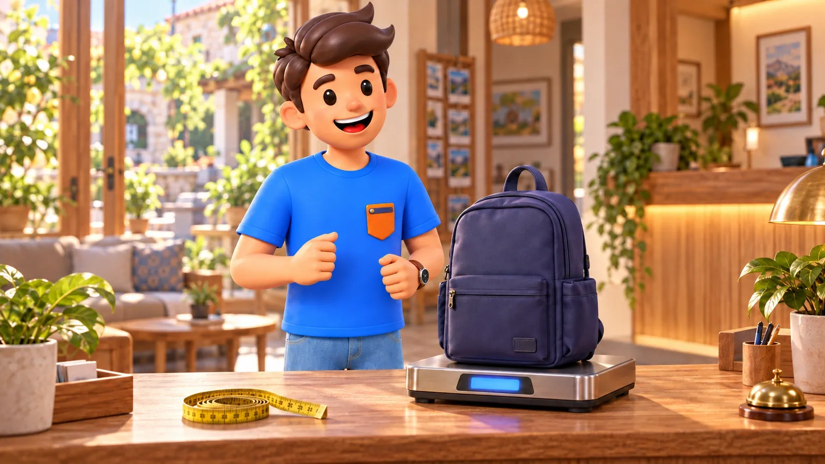El personaje de RoadMe revisa el peso y el contenido de su equipaje de mano