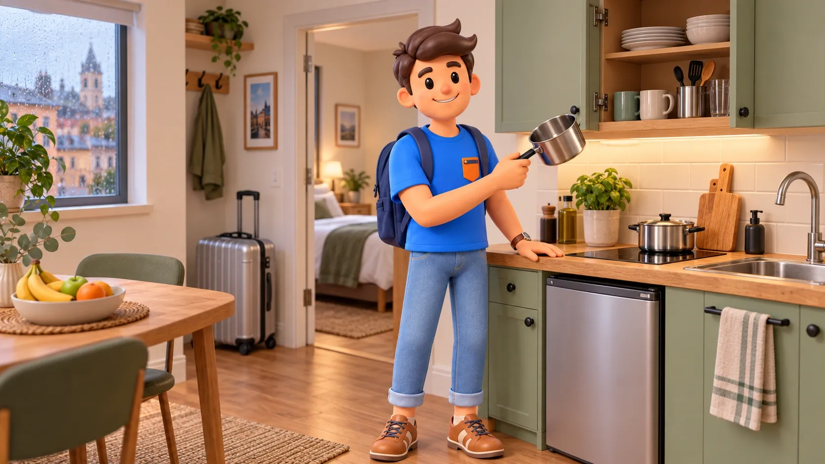 El personaje de RoadMe compara un hotel, un apartamento y un albergue para su viaje