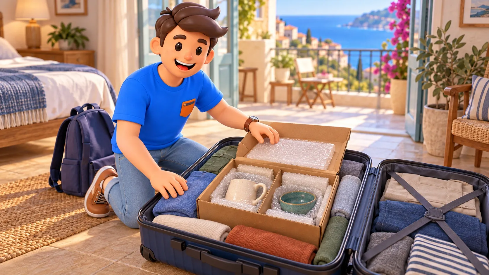 El personaje de RoadMe protege una taza y un cuenco de cerámica para transportarlos en el equipaje