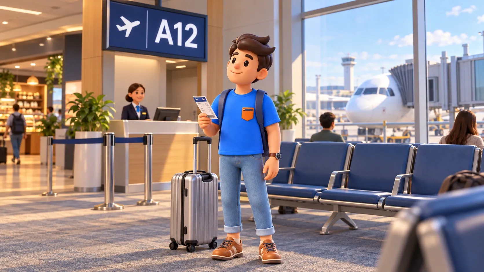 El personaje de RoadMe sigue las indicaciones del aeropuerto hasta su puerta de embarque