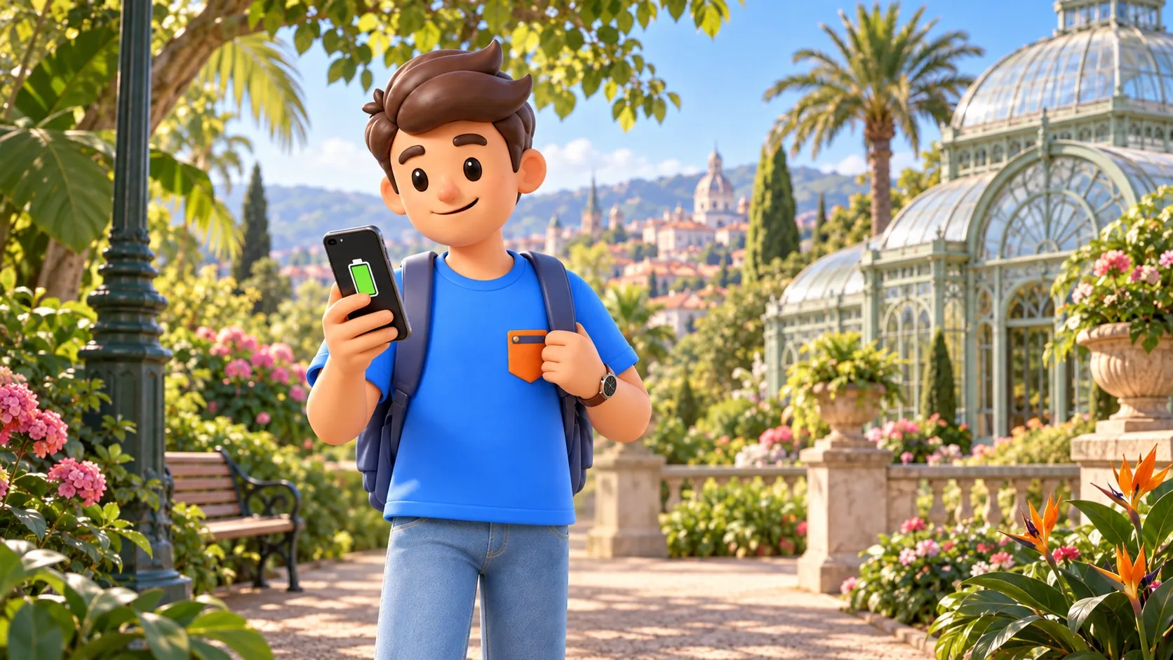 Illustration zu einer Ladepause mit dem Smartphone auf Reisen