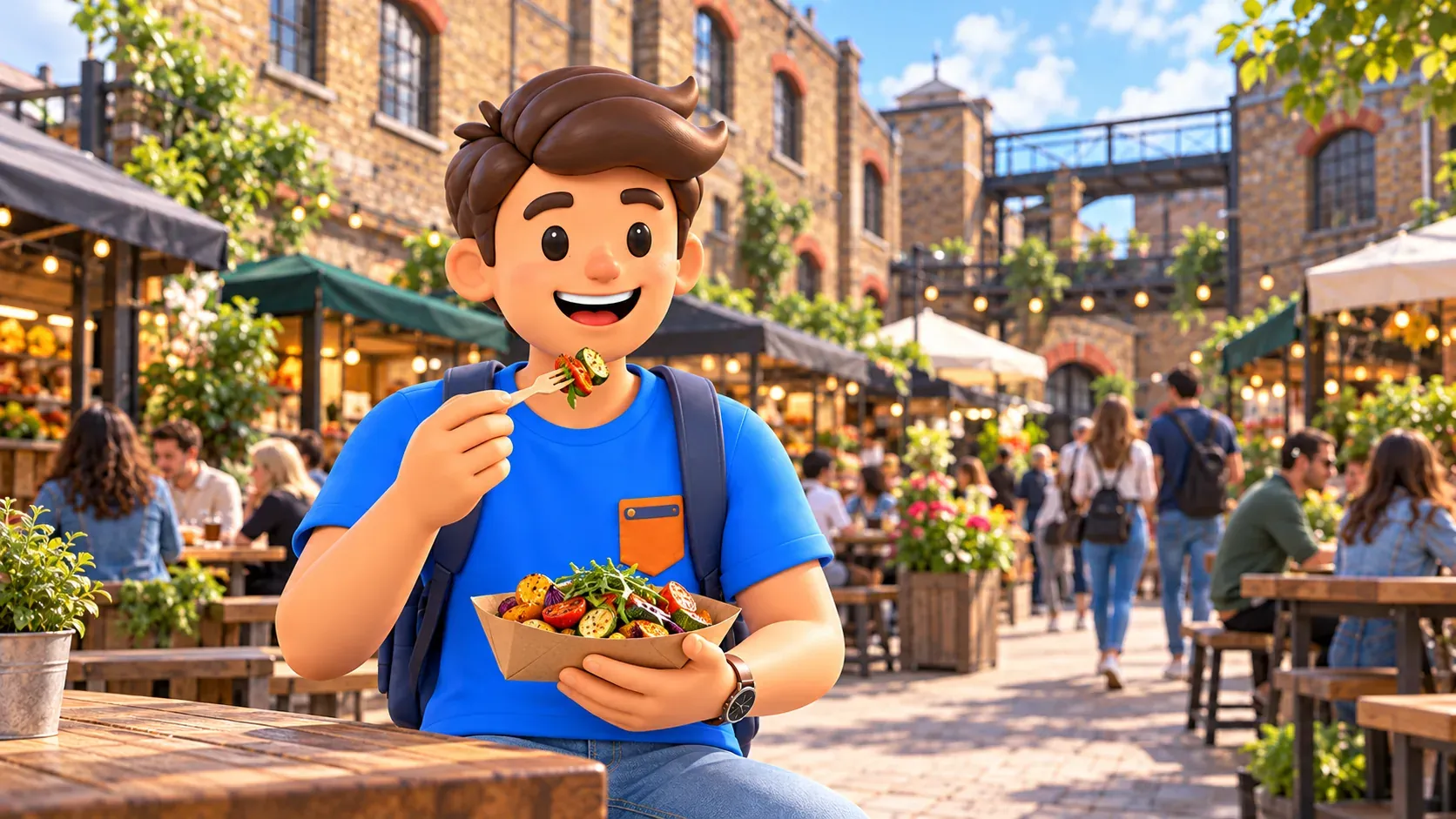 Illustration eines Reisenden mit Gemüseimbiss in einem erdachten Markthof in Camden