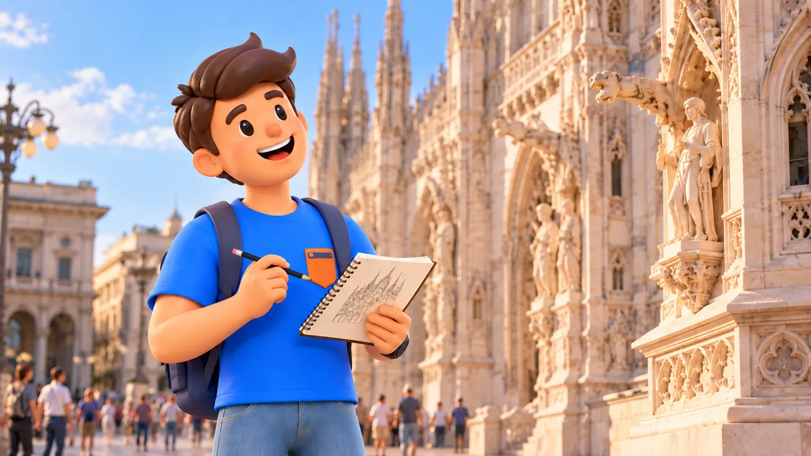 Ilustración de un viajero con un cuaderno observando detalles góticos del Duomo.