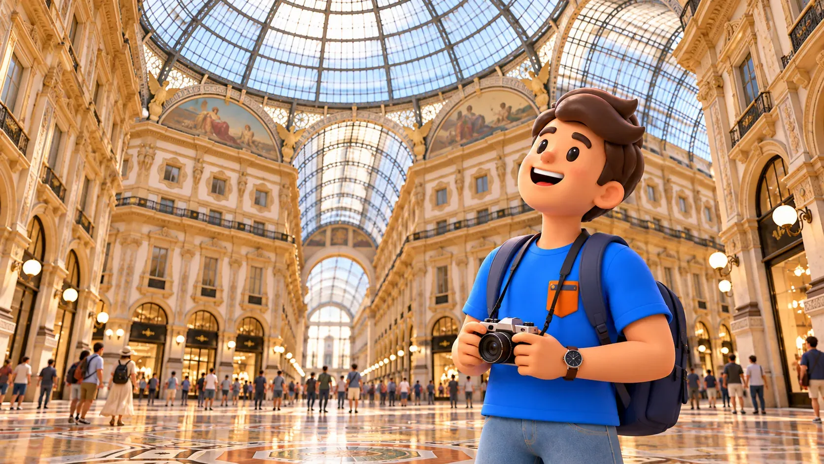 Ilustración de un viajero con una cámara bajo el techo de cristal de la Galleria Vittorio Emanuele II.