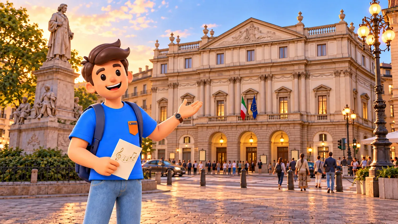 Ilustración de un viajero con un programa musical en la plaza de La Scala.