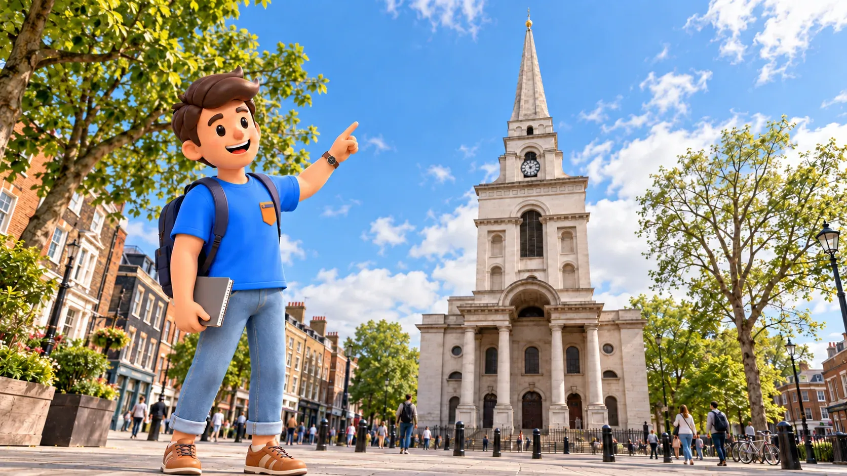 Ilustración de un viajero con cuaderno ante una iglesia inspirada en Christ Church Spitalfields