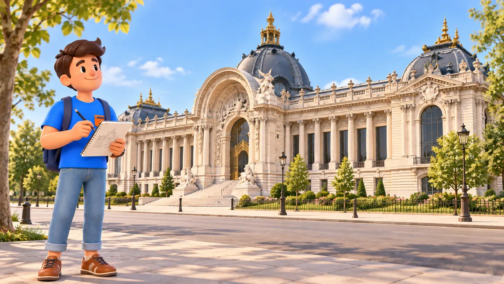 Un viajero con cuaderno y lápiz observa la fachada del Petit Palais