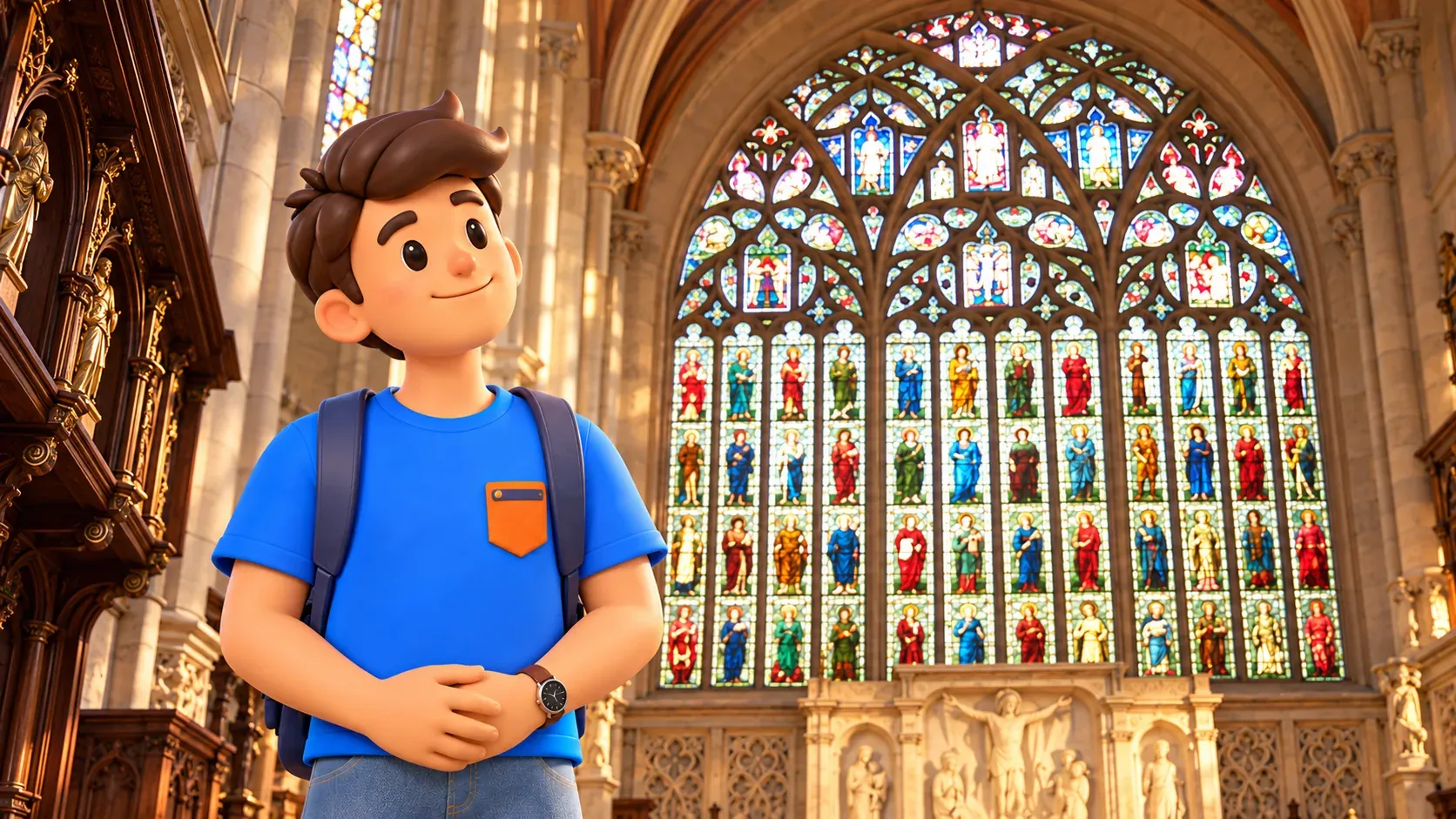 Ilustración de un viajero ante una vidriera inspirada en Holy Trinity de Sloane Street