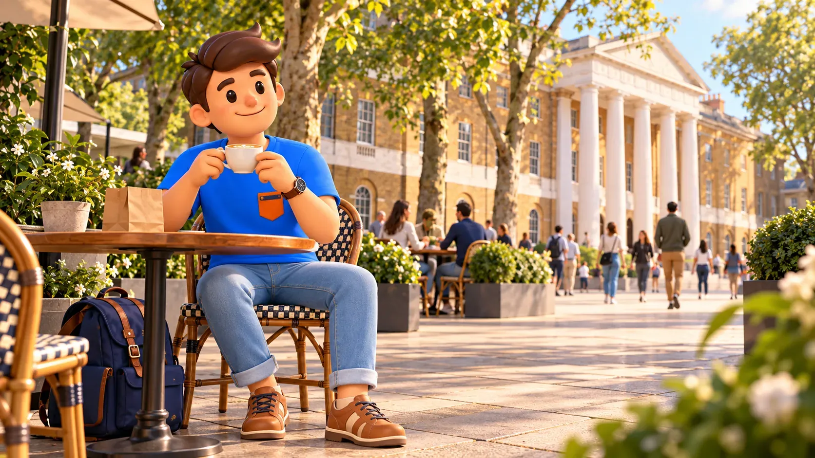 Ilustración de un viajero con café en una escena imaginada inspirada en Duke of York Square