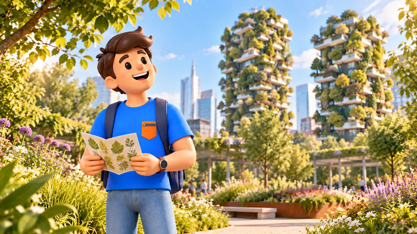 Ilustración de un viajero con un folleto botánico ante torres residenciales con vegetación en Milán.