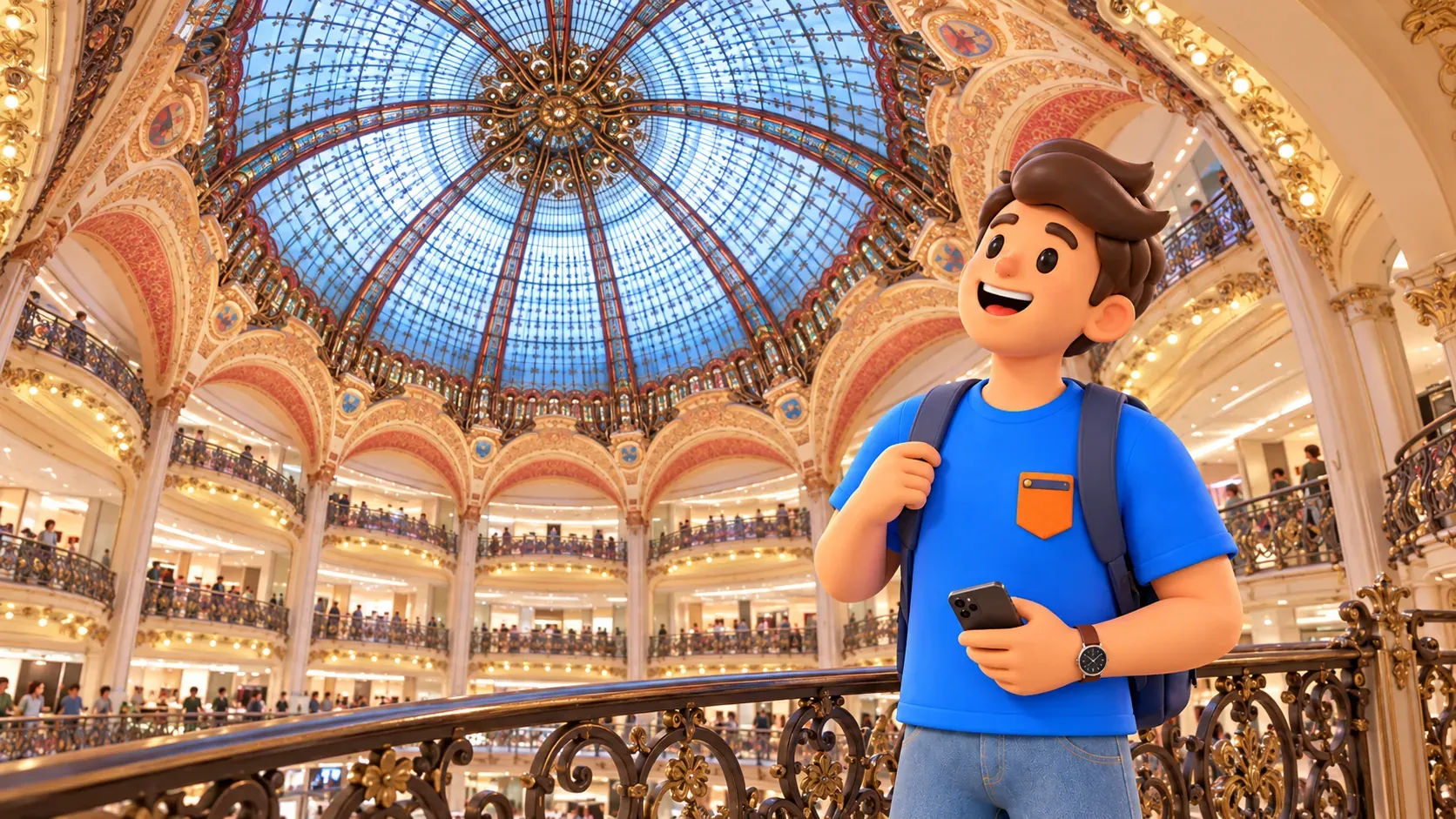 Удивлённый путешественник с опущенным телефоном смотрит на витражный купол Galeries Lafayette