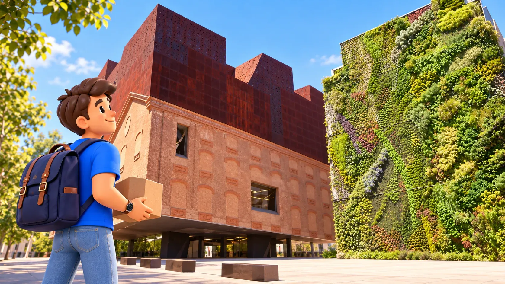 Illustration de l’enveloppe de brique, du volume métallique et du jardin vertical adjacent de CaixaForum
