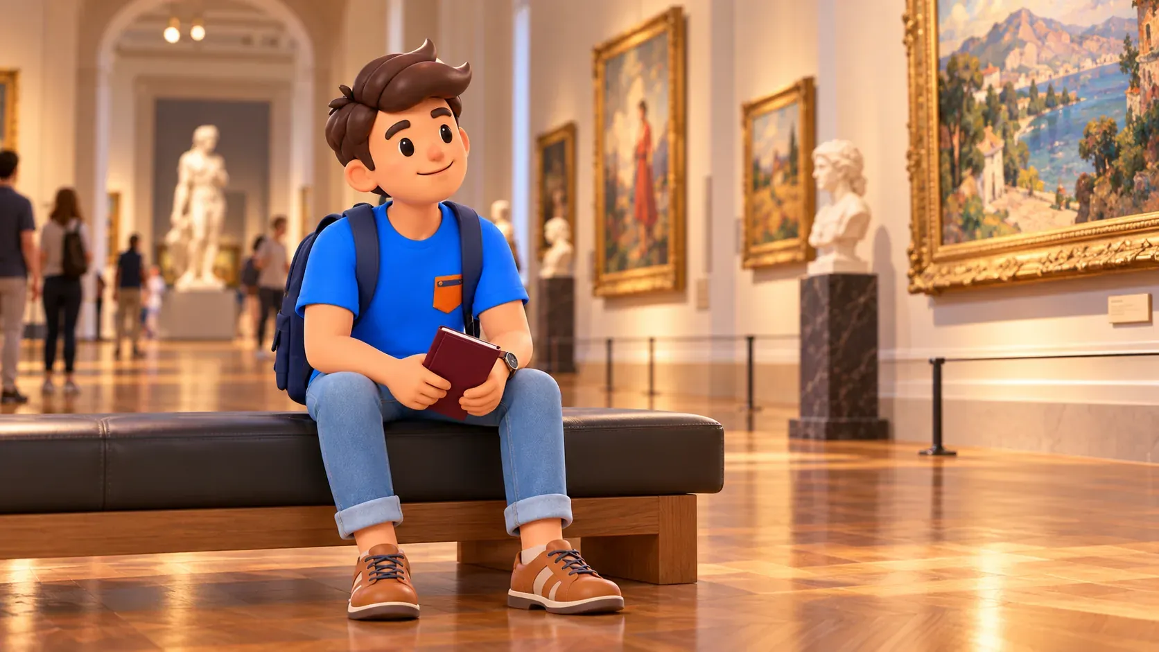Illustration of a traveller with a closed guidebook on a museum gallery bench.