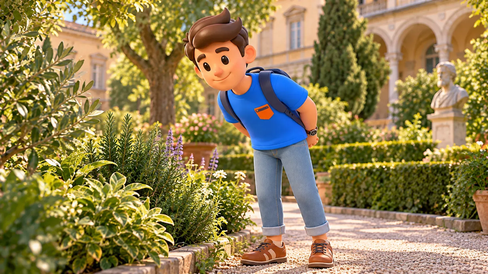 Illustration of a traveller observing plants from a botanical garden path.