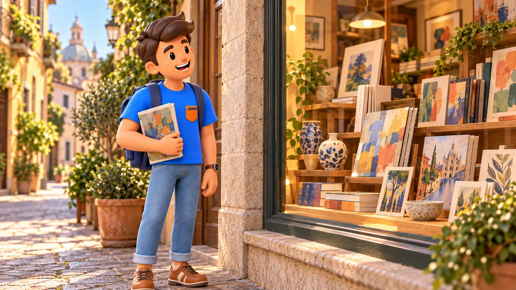 Illustration of a traveller with a book browsing an art shop window.