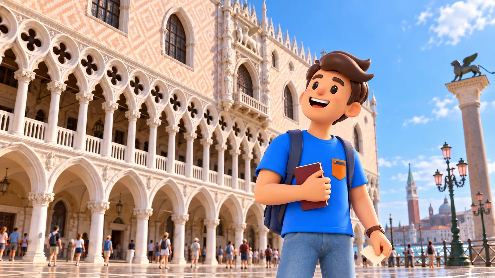 Illustration of a traveler with a guidebook and ticket beside the Gothic arcades of the Doge’s Palace