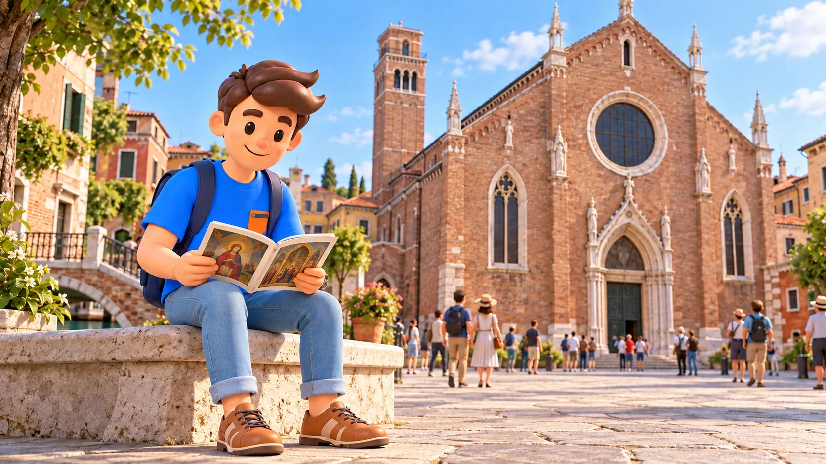 Illustration of a traveler reading an art guide near a stylized brick facade of the Frari