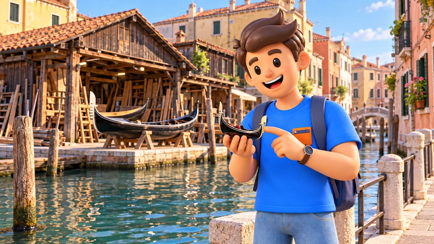 Illustration of a traveler holding a miniature gondola across a narrow canal from a boatyard