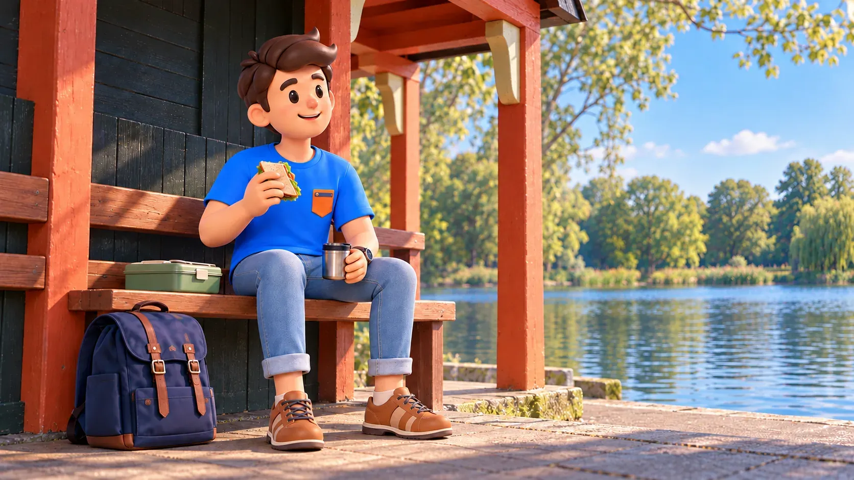 Illustration of a traveller taking a snack break in a shelter by a park lake