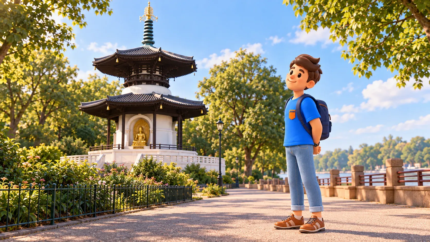 Illustration of a traveller admiring a monument inspired by Battersea Peace Pagoda