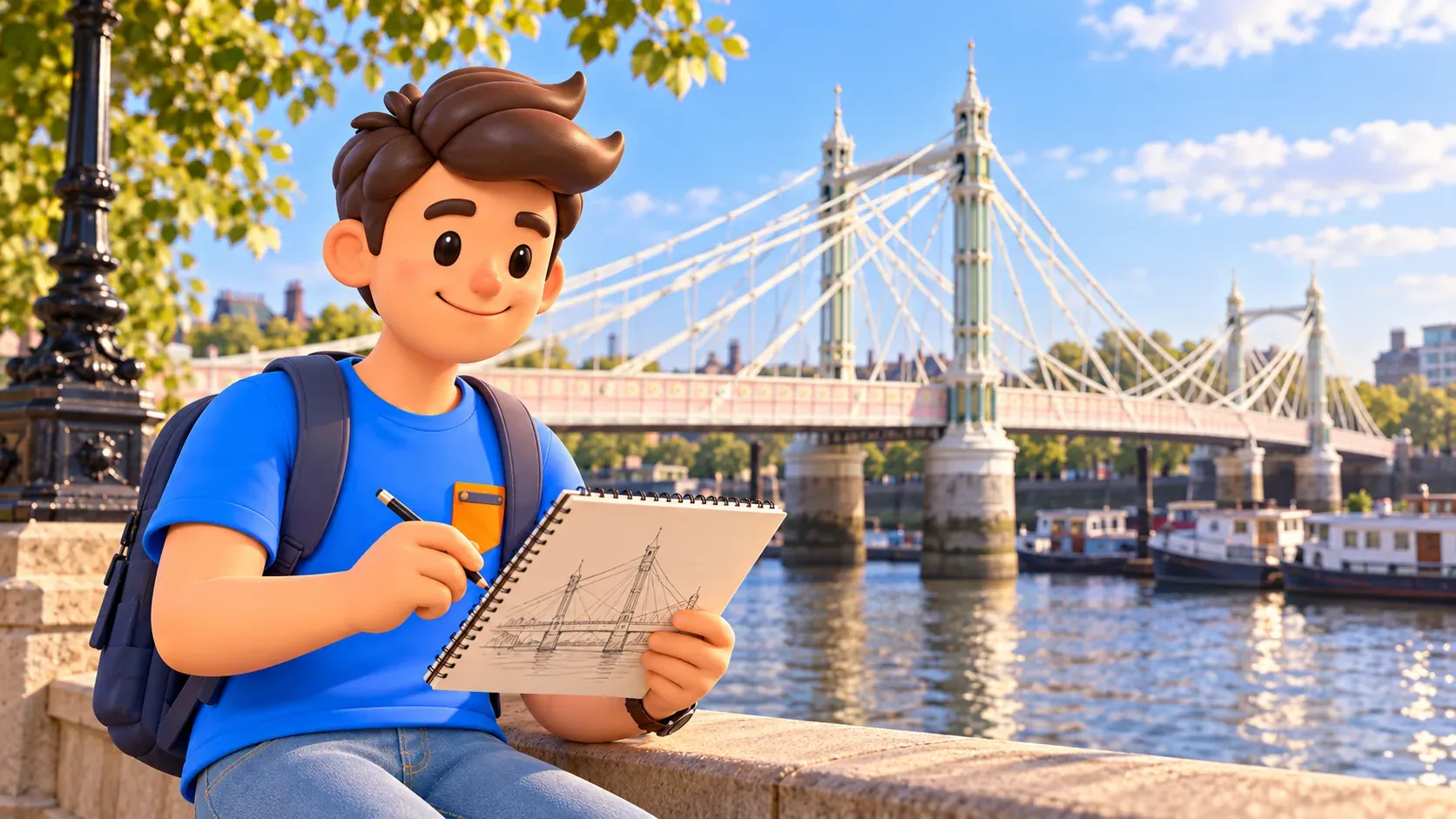 Illustration of a traveller sketching a bridge inspired by Albert Bridge