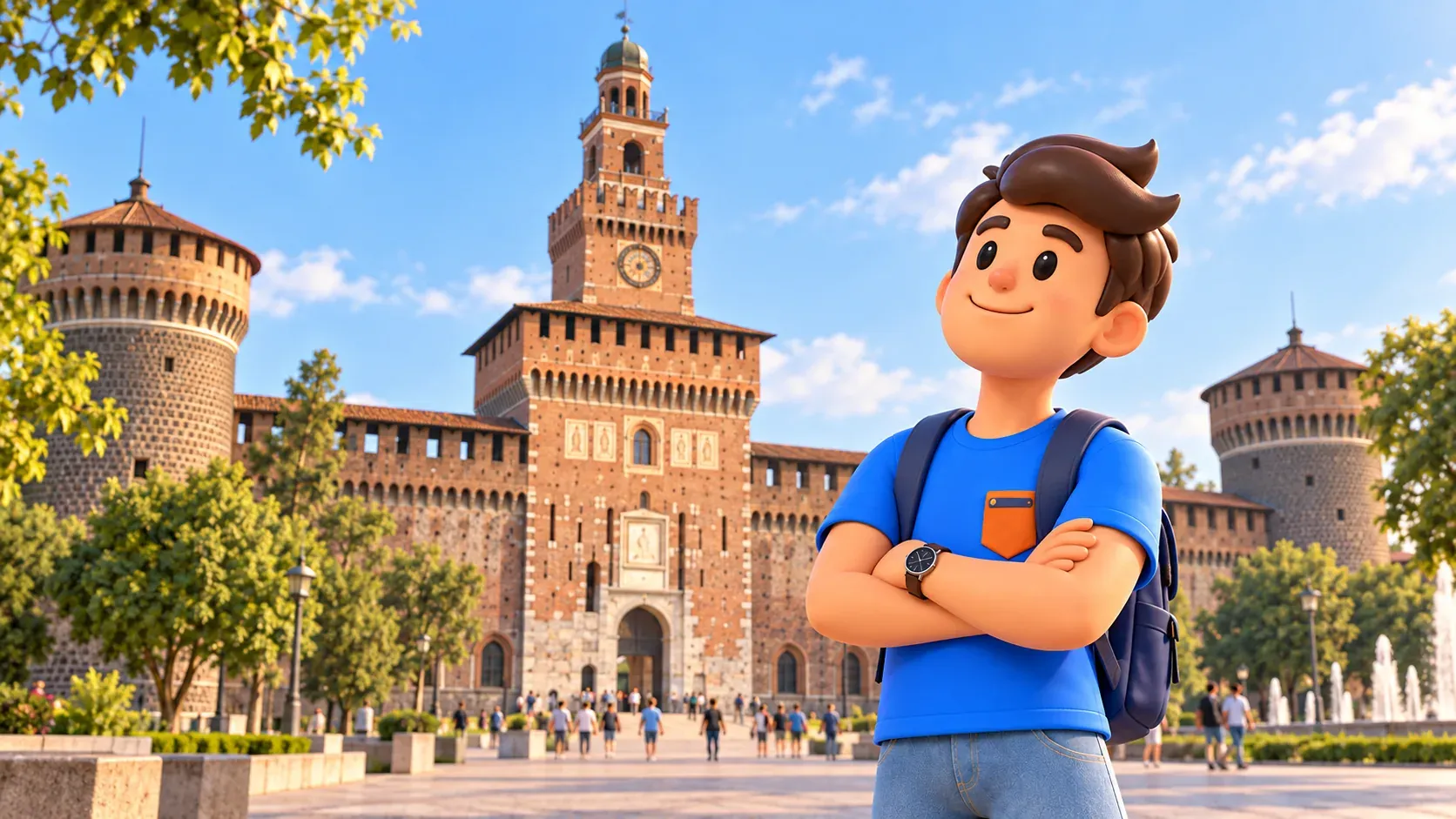 Illustration of a traveller contemplating Sforza Castle.