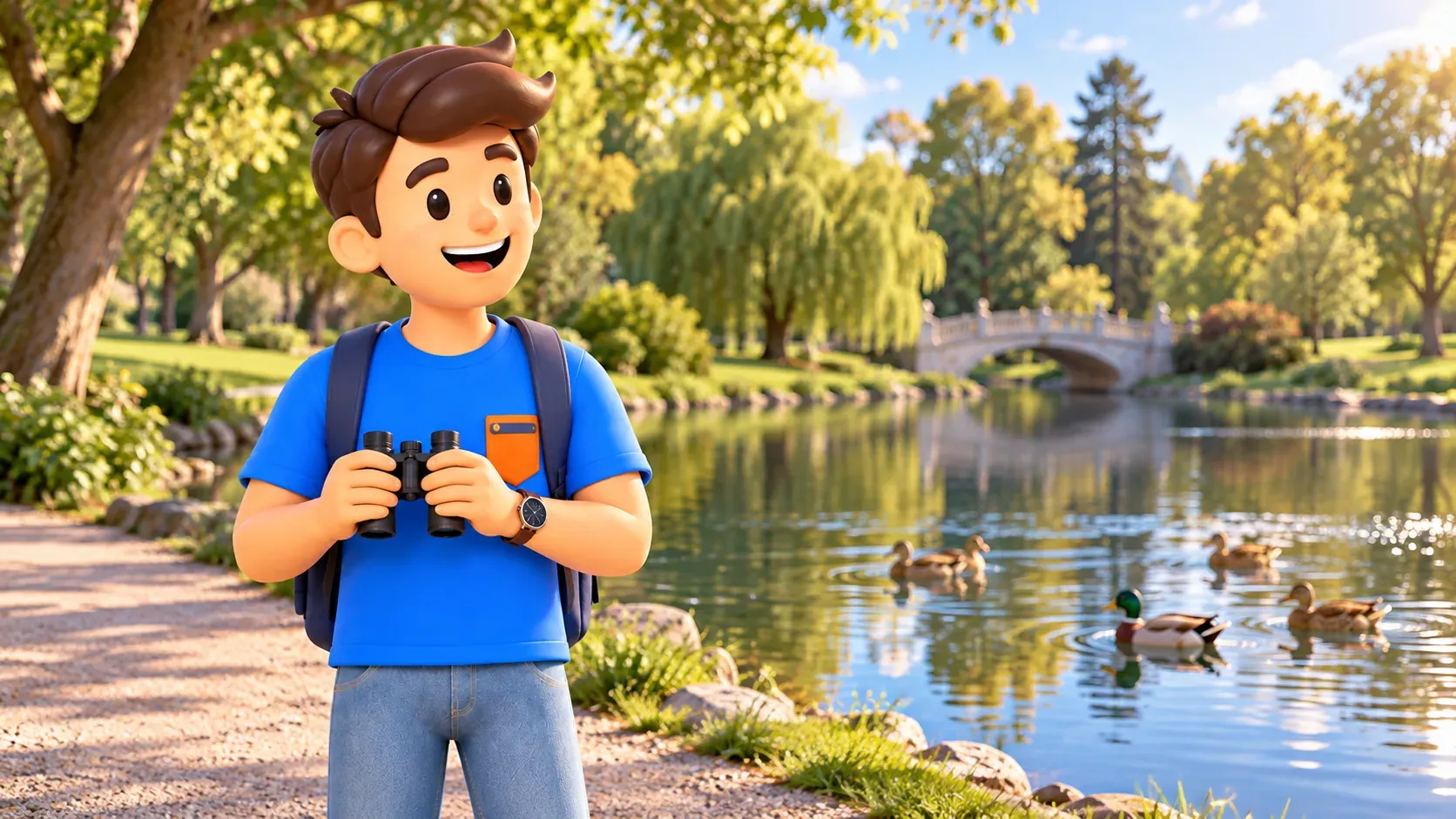 Illustration of a traveller with binoculars watching birds beside a park pond.