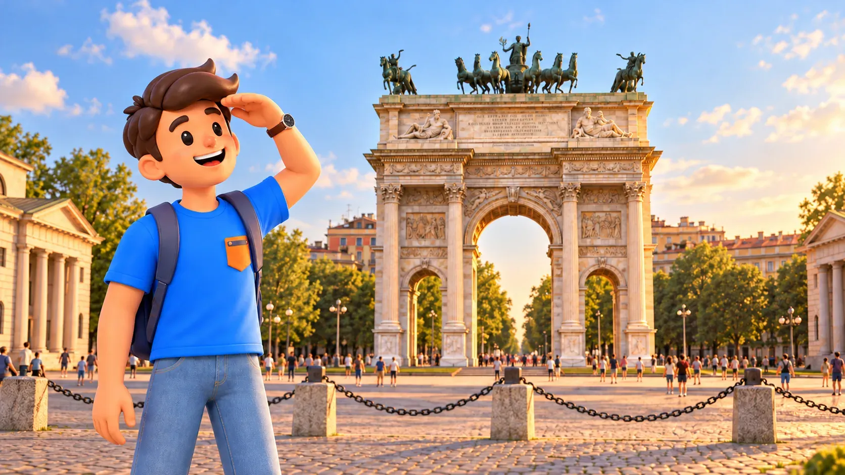 Illustration of a traveller looking up at sculptures on the Arch of Peace.