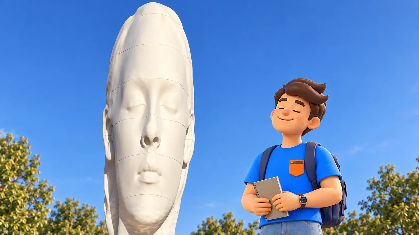 Illustrated elongated white face of Jaume Plensa’s Julia and a traveller, not a documentary view of current conditions