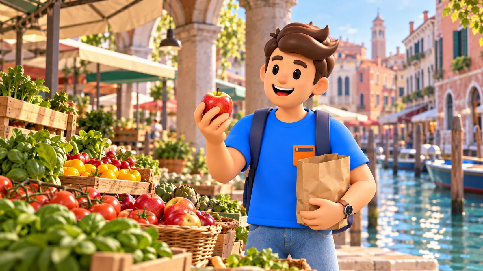 Illustration of a traveler with an apple and paper bag at a vegetable stall beside a canal