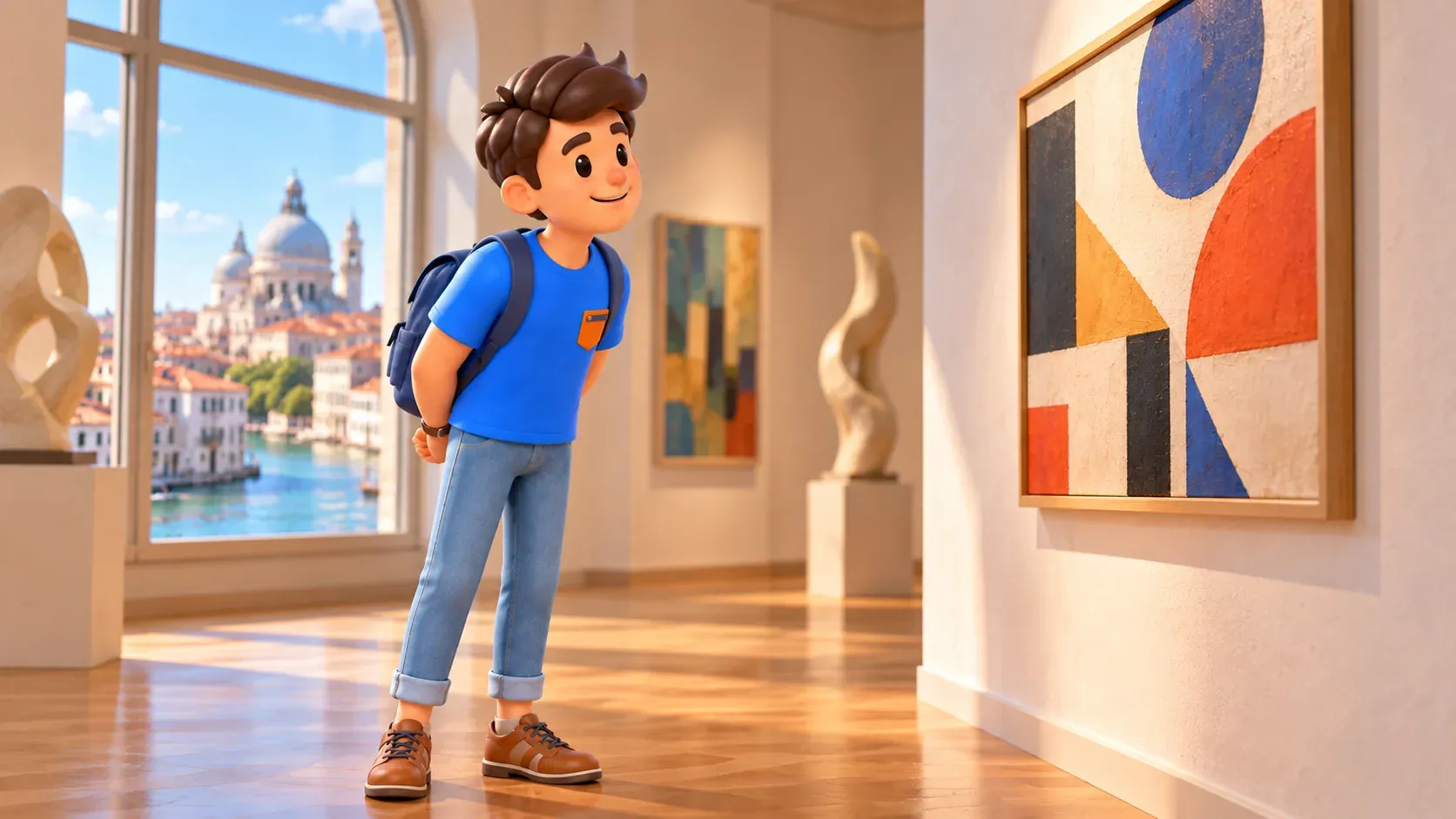 Illustration of a traveler looking at an abstract painting in an imagined Venetian gallery