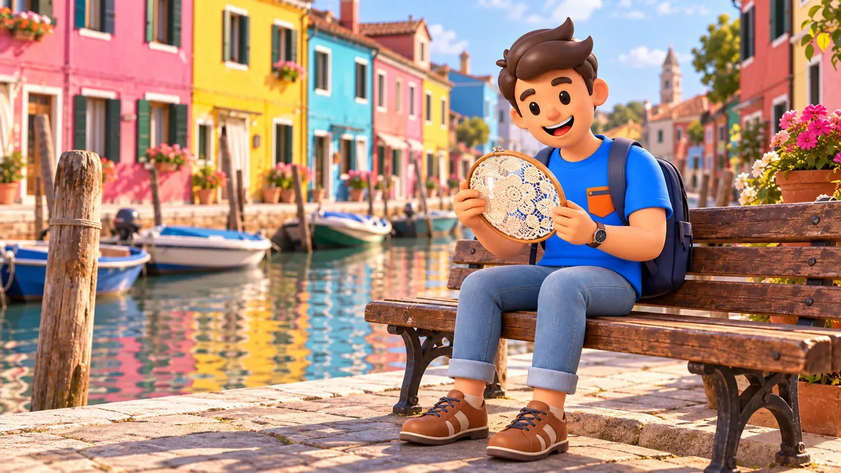 Illustration of a traveler examining lace on a canal-side bench among colorful Burano houses