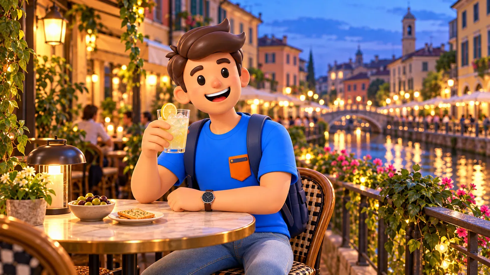Illustration d’un voyageur avec une limonade lors d’une pause facultative au café.