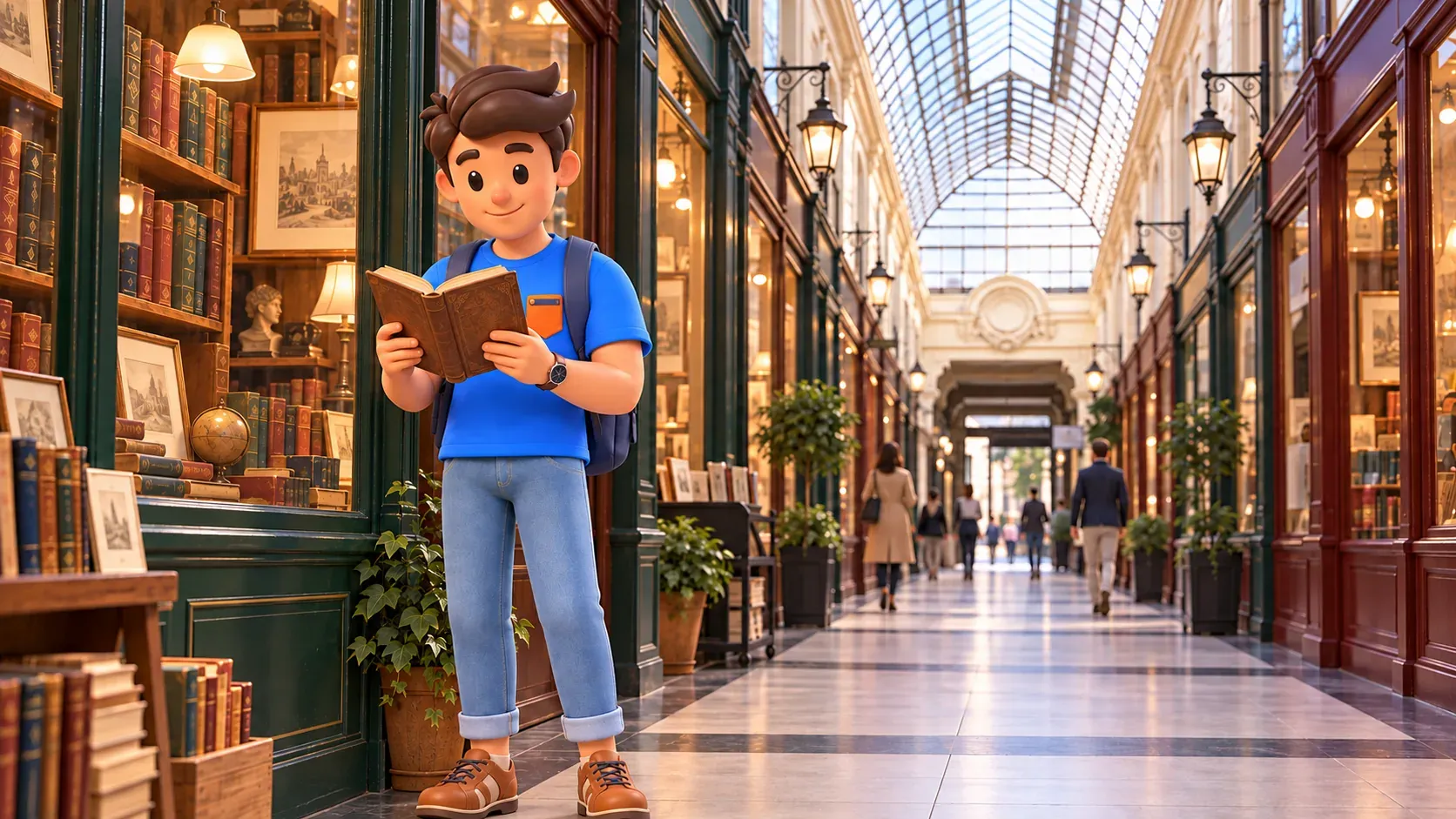 Путешественник с открытой книгой у книжной витрины в пассаже Вердо
