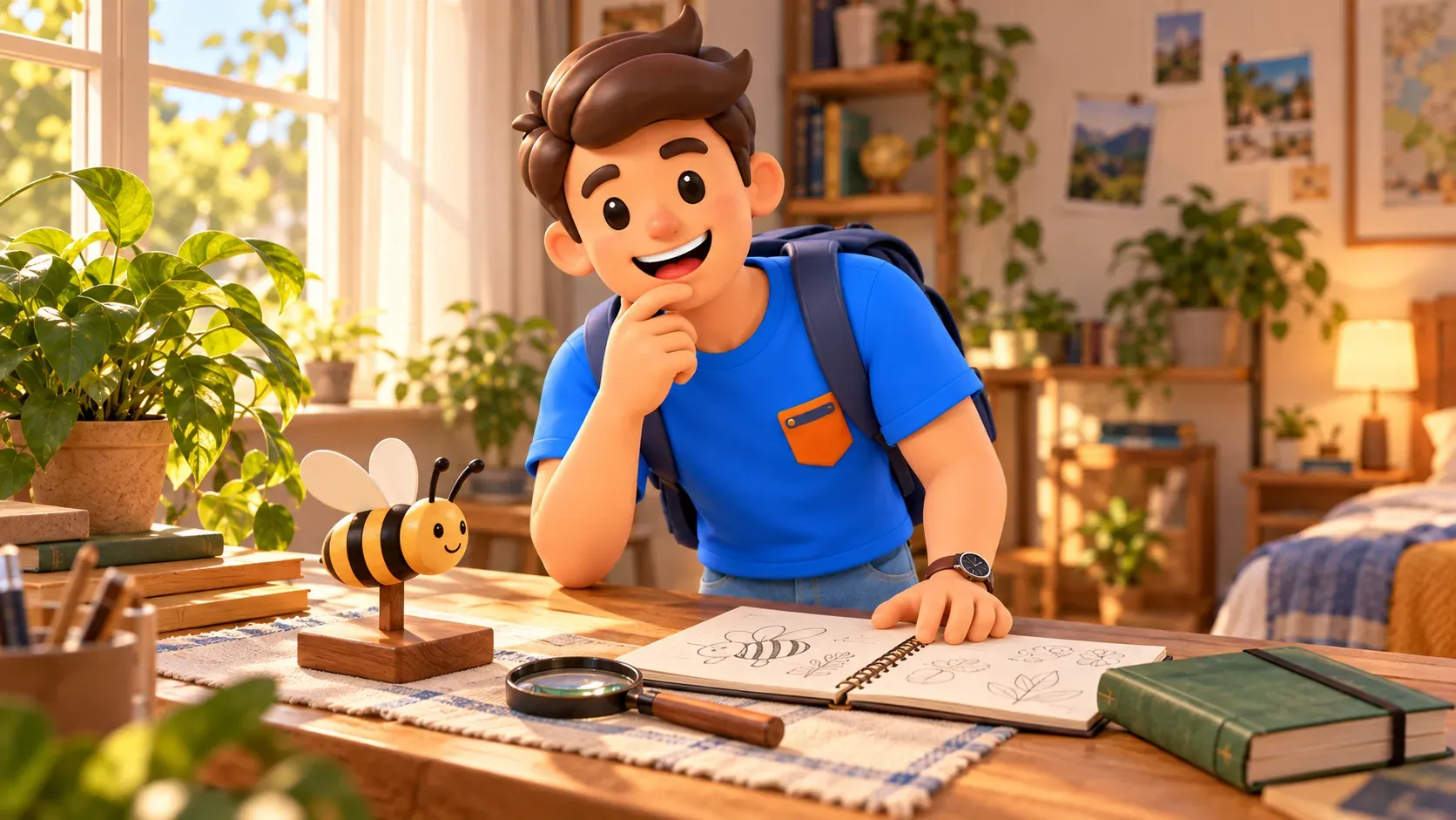 Private symbolische Szene mit eigener Holzbiene, kein Innenraum des Bienenhauses