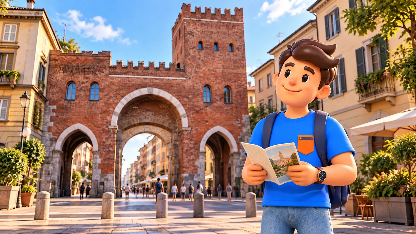 Illustration d’un voyageur avec un guide devant la Porta Ticinese médiévale.