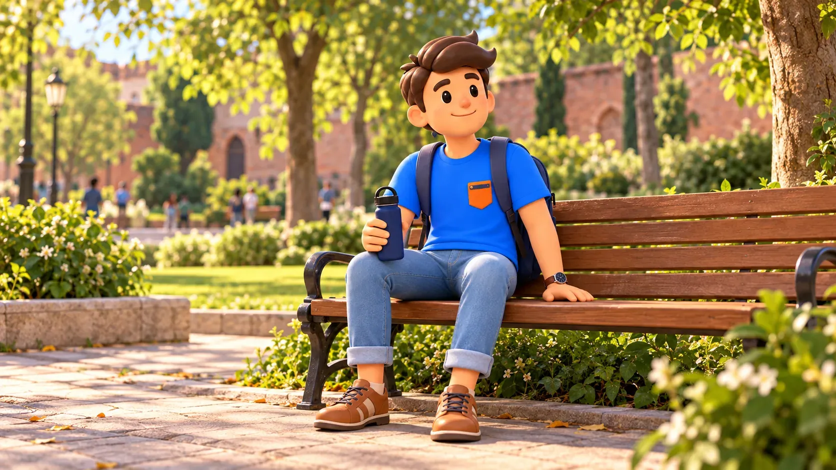 Illustration d’un voyageur avec une gourde pendant une pause au parc.