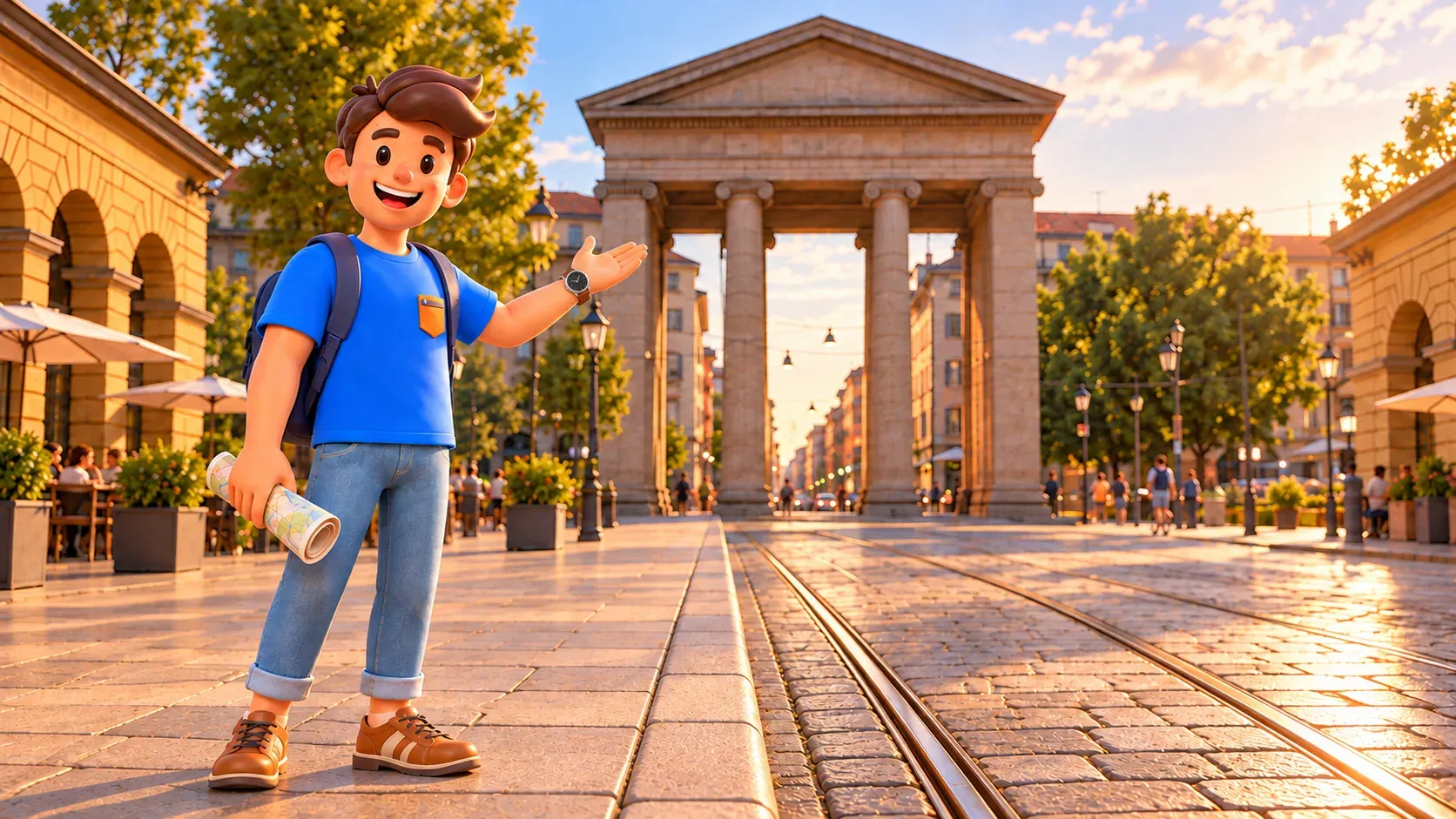 Illustration d’un voyageur avec une carte roulée devant la Porta Ticinese néoclassique.