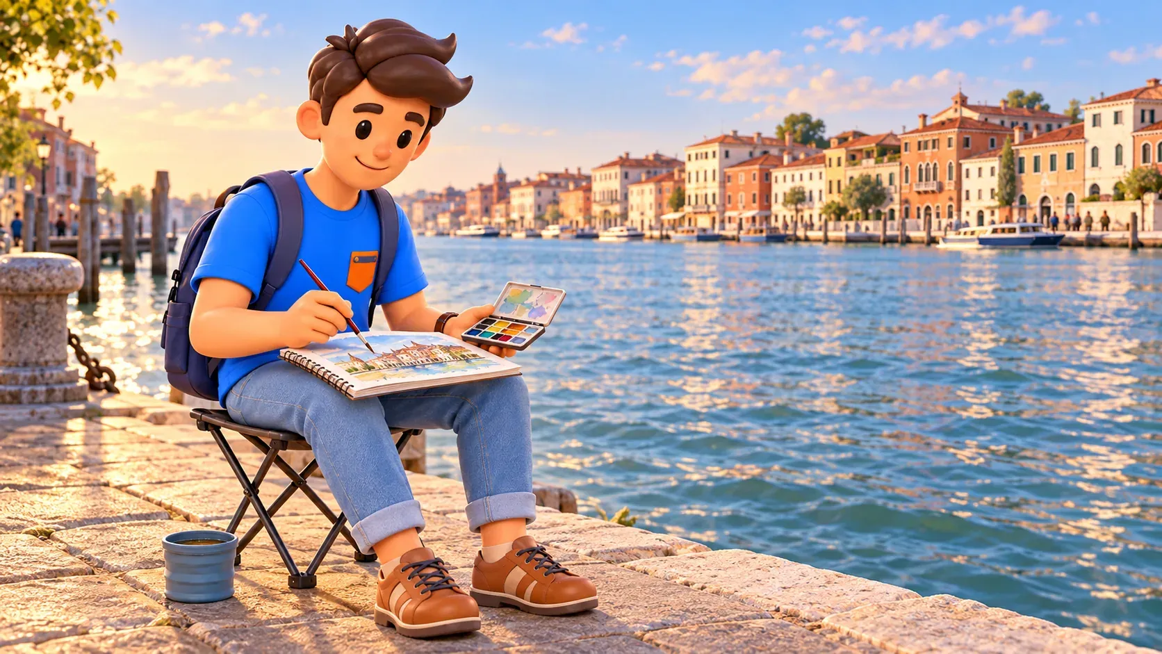 Illustration eines Reisenden mit Aquarellblock am Ufer mit Blick auf die andere Kanalseite