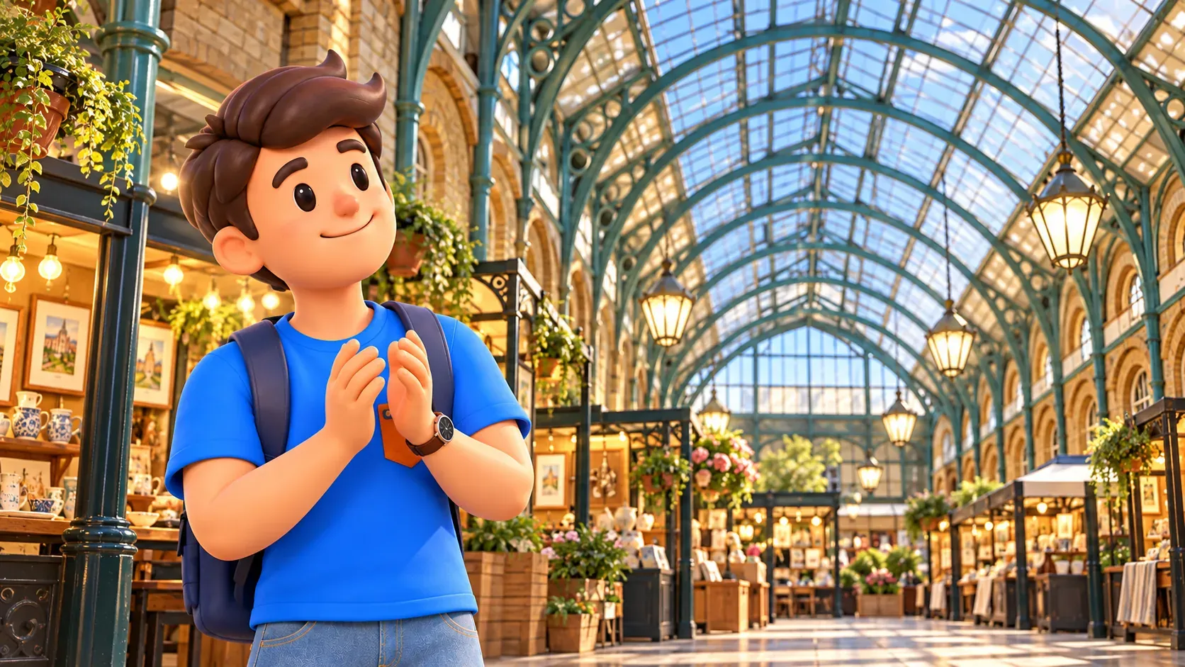 Illustration of a traveller under a glass market roof inspired by Covent Garden