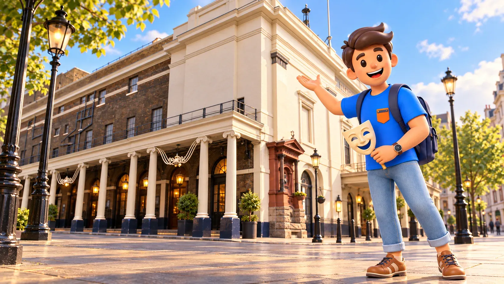 Illustration of a traveller with a theatre mask outside a building inspired by Drury Lane