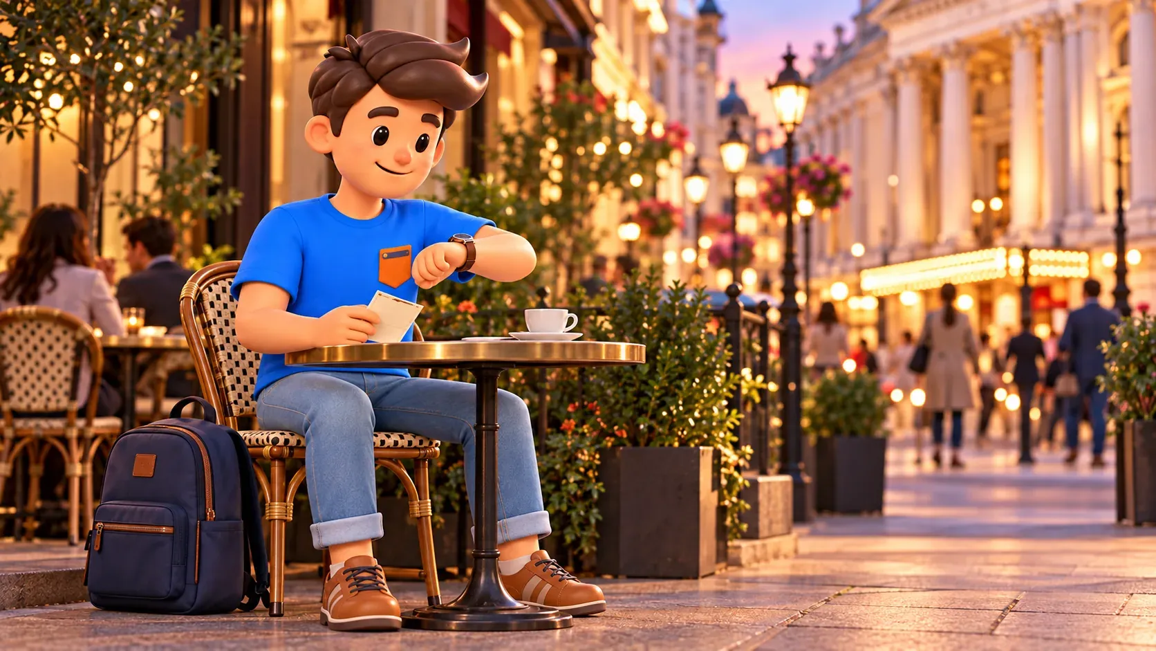 Illustration of a traveller checking the time at a cafe before a performance