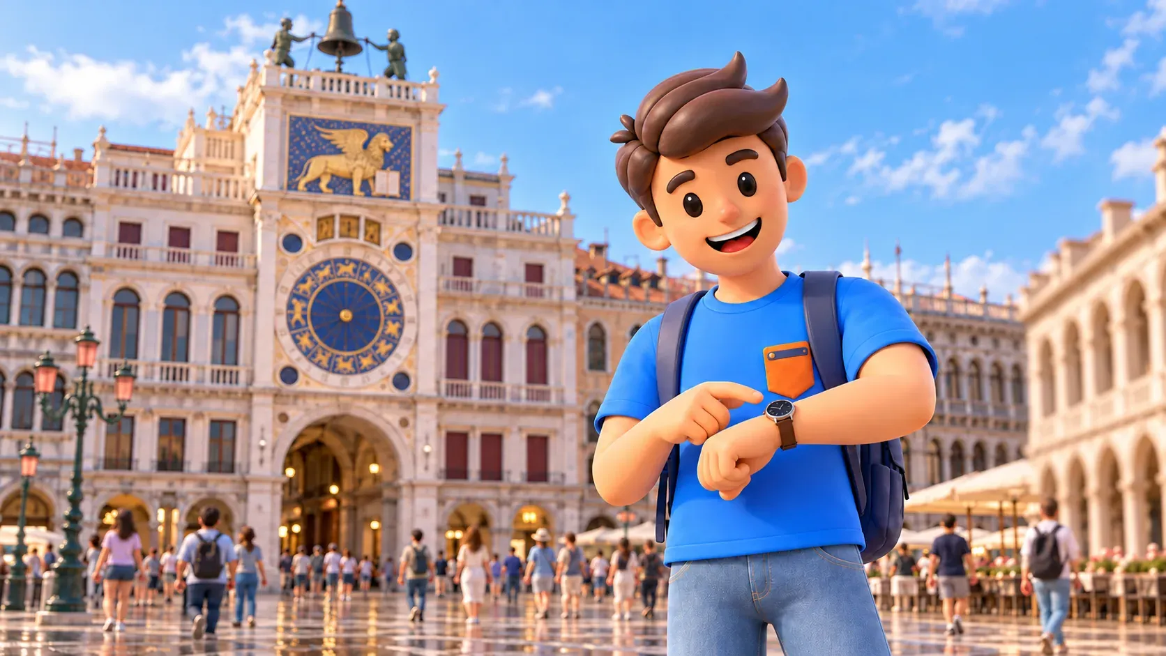 Illustration of a traveler checking his wristwatch beside a stylized St Mark’s Clock Tower