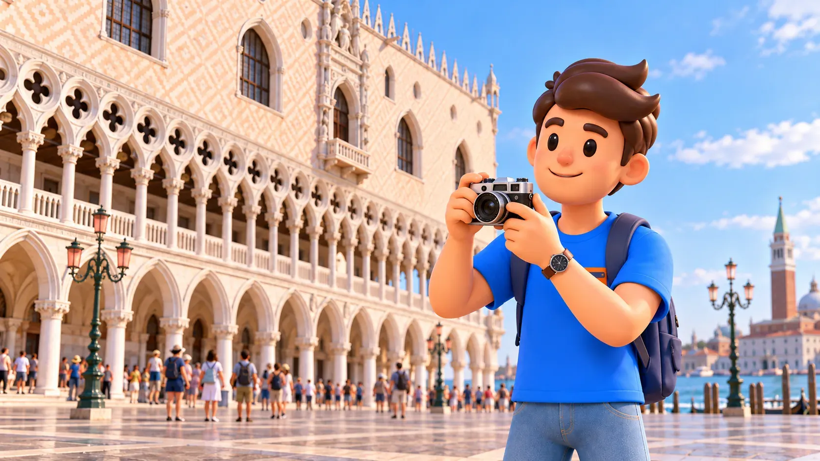 Illustration of a traveler holding a camera beside the Gothic arcades of the Doge’s Palace