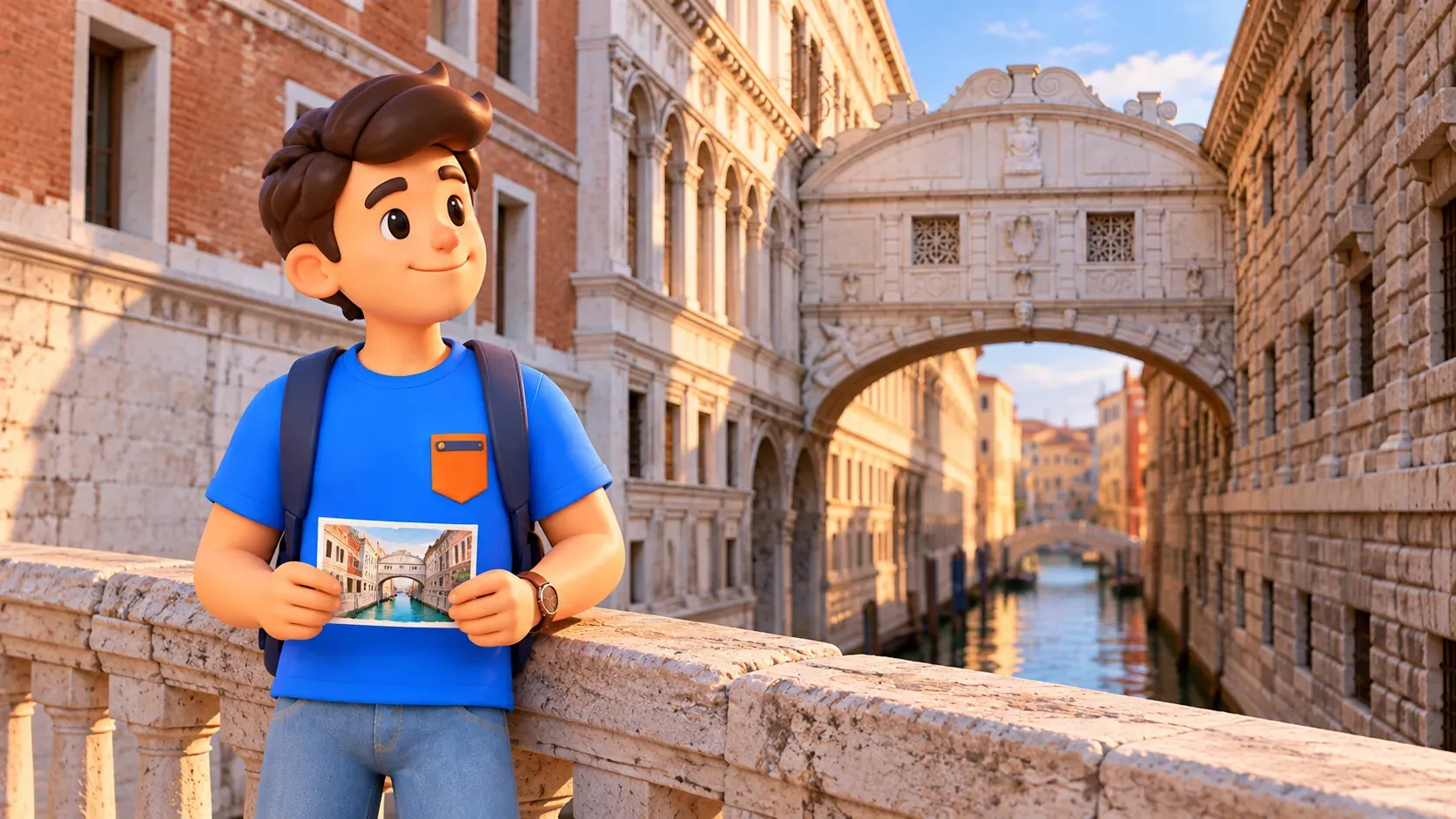 Illustration of a traveler holding a postcard on a public bridge overlooking the Bridge of Sighs