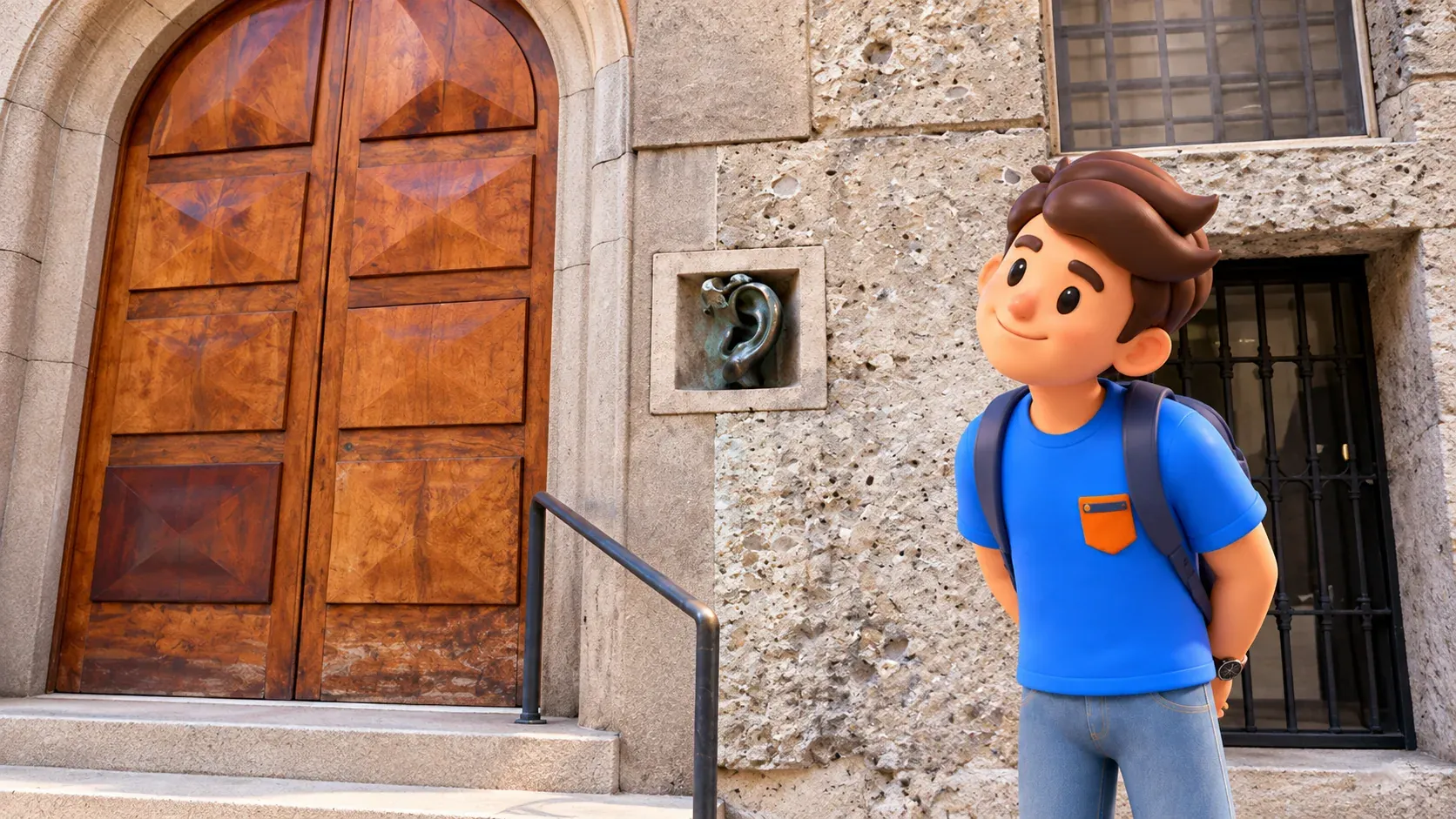 Ilustración de un viajero observando la oreja de bronce de Via Serbelloni.