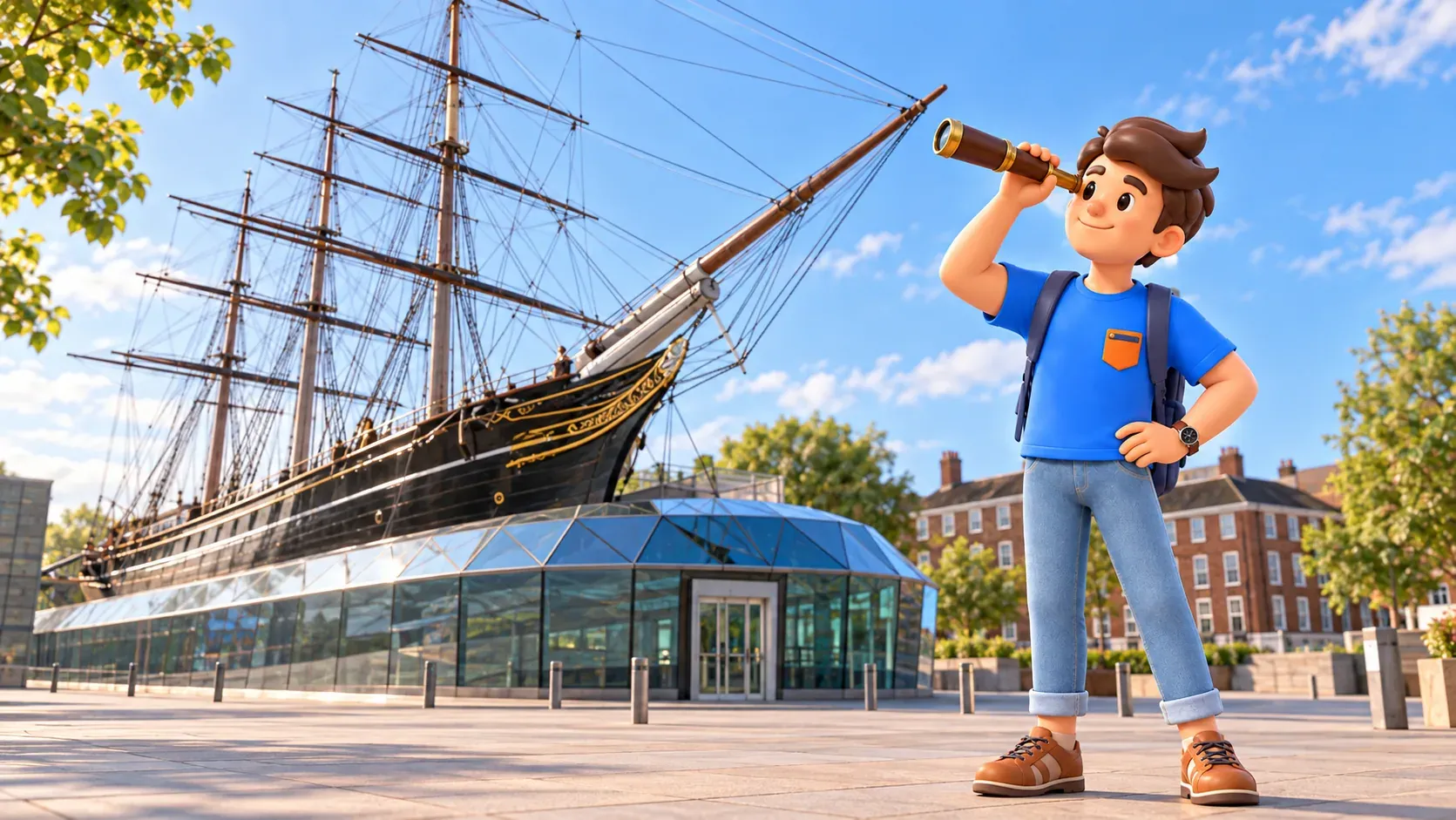 Illustration eines Reisenden mit Fernrohr neben einem Schiff nach dem Vorbild der Cutty Sark