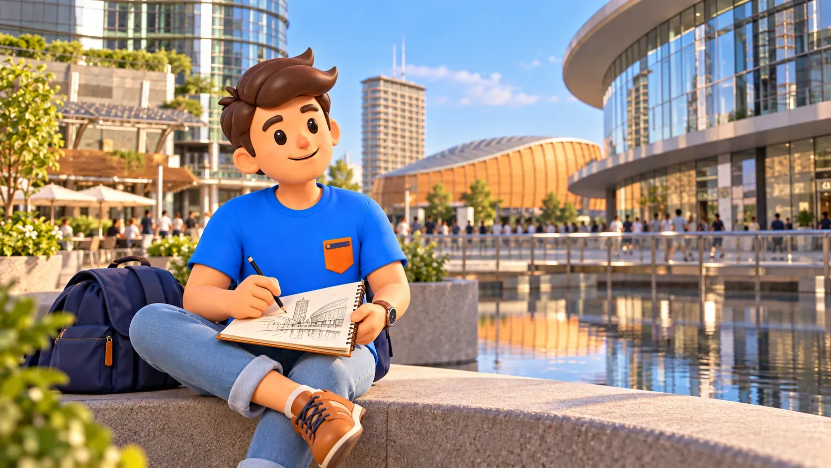 Illustration d’un voyageur dessinant l’architecture de la Piazza Gae Aulenti.
